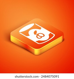 Isometric Olives in can icon isolated on orange background. Concept of canned food.  Vector