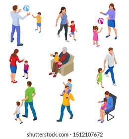 Isometric ollection of isolated isometric happy traditional families with children. grandfather, Father and son, mother and daughter, and all together.