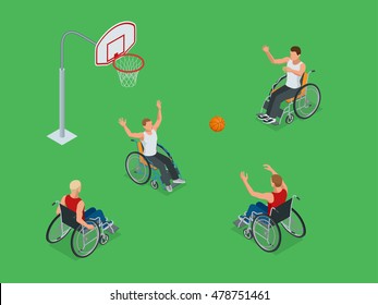 Isometric Olympic sports for peoples with disabled activity. Illustration basketball players Paralympics