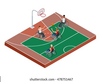 Isometric Olympic sports for peoples with disabled activity. Illustration basketball players Paralympics