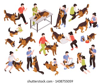 Isometric one day dog man owner set of isolated colourful images with animals and human characters vector illustration