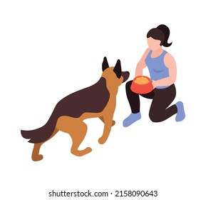 Isometric one day dog man owner composition with isolated image of puppy with human character vector illustration