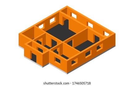 Isometric one floor building construction in process flat vector icon isolated on white background.