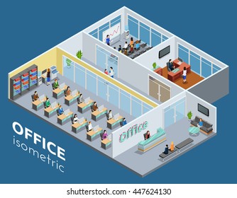 Isometric one level business office interior view with workroom reception and conference hall poster abstract vector illustration 