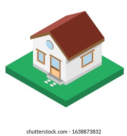 Isometric of a one storey house with a green lawn isolated on a white background