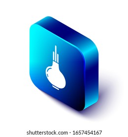 Isometrische Zwiebel Symbol einzeln auf weißem Hintergrund. Blauer Quadrat-Knopf. Vektorillustration-Illustration