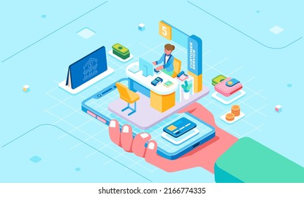 Isometric online account banking service concept, financial management hand holding smartphone with a customer service working pastel color palette