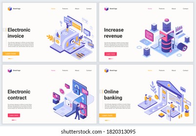 Isometric Online Account Banking Technology Vector Illustration. Creative Modern Concept Banner Set, Website Design With Cartoon 3d Tech Bank Accounting Service, Electronic Money Invoice And Contracts