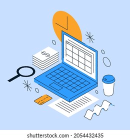 Isometric online accountant profit analyzing workplace vector illustration. Business office internet commerce profit check strategy laptop chart, dollar cash money, credit card, bill, paper document