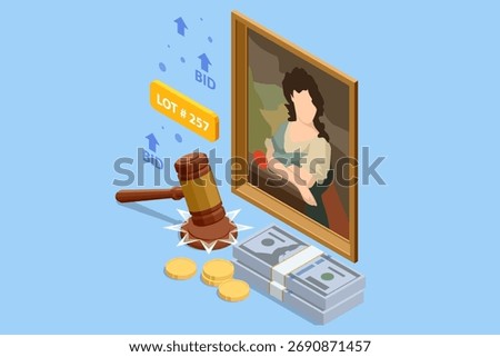 Isometric online art auction with framed painting, gavel, coins, and cash. Concept of digital collectible sale and fine art investment.