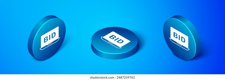 Isometric Online auction icon isolated on blue background. Bid sign. Auction bidding. Sale and buyers. Blue circle button. Vector