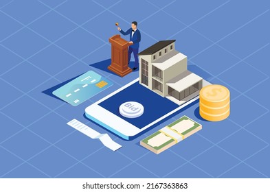 Isometric Online Auction Illustration, Suitable for Diagrams, Infographics, Book Illustration, Game Asset, And Other Graphic