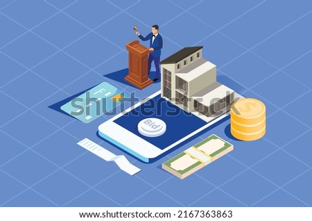 Isometric Online Auction Illustration, Suitable for Diagrams, Infographics, Book Illustration, Game Asset, And Other Graphic
