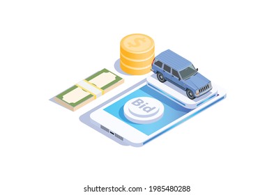 Isometric Online Auto Sale Auction Illustration, Web Banners, Suitable For Diagrams, Infographics, Book Illustration, Game Asset, And Other Graphic Related Assets