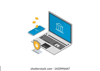 Isometric online banking money transaction concept. 3d laptop and smartphone bank card shield and coins. Bank protection technology vector illustration
