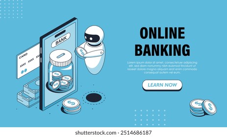 Isometrisches Online-Banking-Poster. Bot mit Münze in der Nähe von Smartphone. Bargeldlose Überweisungen und Transaktionen. Digitale elektronische Geldbörse. Design der Zielseite. Lineare Vektorgrafik