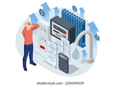 Isometric Online Bill Payment. Home Utilities Bill Payment Services Concept. Gas, Water, Electricity Supply. Save energy, pay utility bills. High Utility Bills, Stress