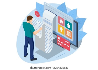 Isometric Online Bill Payment. Home Utilities Bill Payment Services Concept. Gas, Water, Electricity Supply. Save energy, pay utility bills