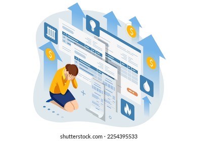 Isometric Online Bill Payment. Home Utilities Bill Payment Services Concept. Gas, Water, Electricity Supply. Save energy, pay utility bills. High Utility Bills, Stress