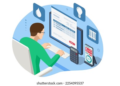 Isometric Online Bill Payment. Home Utilities Bill Payment Services Concept. Gas, Water, Electricity Supply. Save energy, pay utility bills