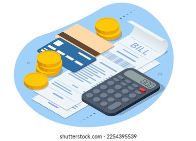 Isometric Online Bill Payment. Home Utilities Bill Payment Services Concept. Gas, Water, Electricity Supply. Save energy, pay utility bills