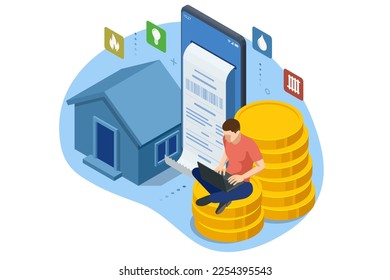 Isometric Online Bill Payment. Home Utilities Bill Payment Services Concept. Gas, Water, Electricity Supply. Save energy, pay utility bills