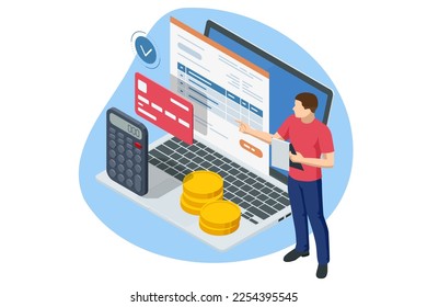 Isometric Online Bill Payment. Home Utilities Bill Payment Services Concept. Gas, Water, Electricity Supply. Save energy, pay utility bills