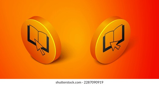 Isometric Online book icon isolated on orange background. Internet education concept, e-learning resources, distant online courses. Orange circle button. Vector