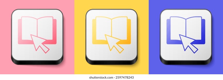 Isometric Online book icon isolated on pink, yellow and blue background. Internet education concept, e-learning resources, distant online courses. Square button. Vector