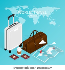 isometric online booking ,passport world map,trip plan travel vector