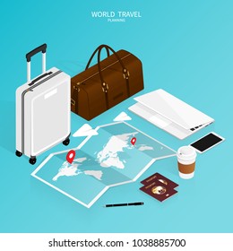 isometric online booking ,passport world map,trip plan travel vector