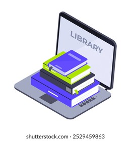 Isometrische Online-Bücherbibliothek. Lesen und E-Learning Hörbücher Stapel, Buch Stapel und Laptop 3D flache Vektorgrafik. E-Books-Konzept auf Weiß