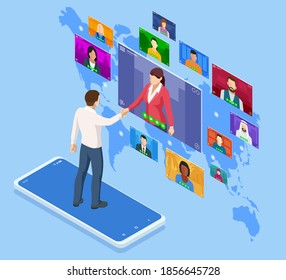 Isometric Online Business to Business Marketing, B2B Solution, business marketing concept. Two business partners shaking hands.