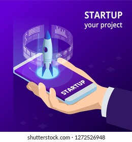 Isometric Online Businnes Start Up for web page, banner, presentation, social media concept. Income and Success. Vector Business Infographics illustration