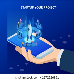 Isometric Online Businnes Start Up for web page, banner, presentation, social media concept. Income and Success. Vector Business Infographics illustration
