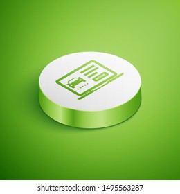 Isometric Online car sharing icon isolated on green background. Online rental car service. Online booking design concept for laptop. White circle button. Vector Illustration