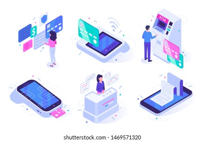 Isometric Online Cashier. Cash Register Terminal Purchase Checkout, Sales Outlet With Buyers And Atm Customer. Banking Payment Cashier Services. Isolated Vector Illustration Icons Set