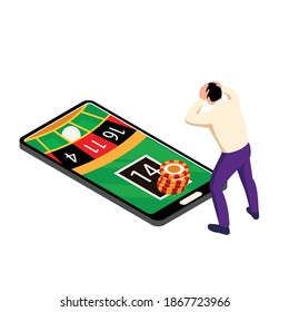 Isometric online casino composition with man holding head in front of smartphone gaming table vector illustration