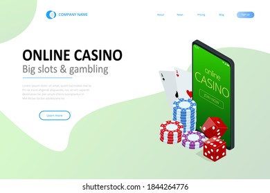 Isometric Online Casino Concept. Online Big Slots Casino Marketing Banner, Gaming Apps Web landing page template.