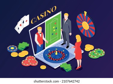 Isometric online concepto de casino plataforma de juegos de azar para ruleta en vivo y póker con tarjetas chips personajes portátiles de croupier 3d ilustración vectorial