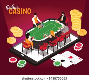 Isometric online casino conceptual composition with ornate text and images of coin piles with gambling table vector illustration
