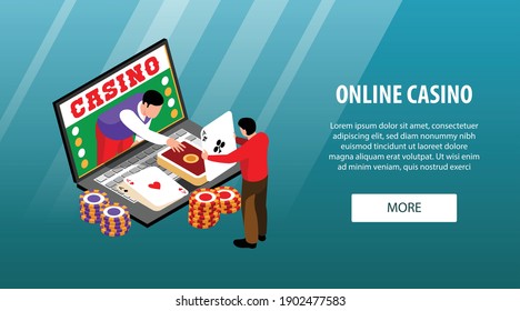 Isometric online casino horizontal banner with button text and laptop with gaming chips cards and people vector illustration