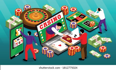 Isometric Online Casino Horizontal Composition Of Roulette Images Chips And Banknotes With Smartphones Laptop And Players Vector Illustration