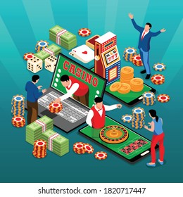 Isometric online casino square composition with human characters stacks of money chips cards and electronic devices vector illustration