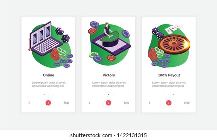 Isometric online casino vertical banners set with laptop tablet chips dice cards wheel 3d isolated vector illustration