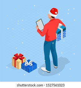 Isometric Online Christmas Shopping. Delivery man in Santa Claus hat with Christmas present. Delivery man with boxes. Express Christmas shipping.
