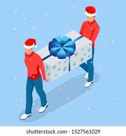 Isometric Online Christmas Shopping. Delivery man in Santa Claus hat with Christmas present. Delivery man with boxes. Express Christmas shipping.