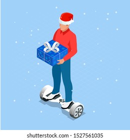 Isometric Online Christmas Shopping. Delivery man in Santa Claus hat with Christmas present. Delivery man with boxes. Express Christmas shipping.