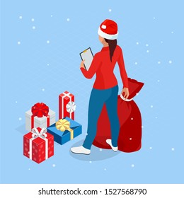 Isometric Online Christmas Shopping. Delivery woman in Santa Claus hat with Christmas present. Delivery man with boxes. Express Christmas shipping.