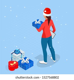 Isometric Online Christmas Shopping. Delivery woman in Santa Claus hat with Christmas present. Delivery man with boxes. Express Christmas shipping.